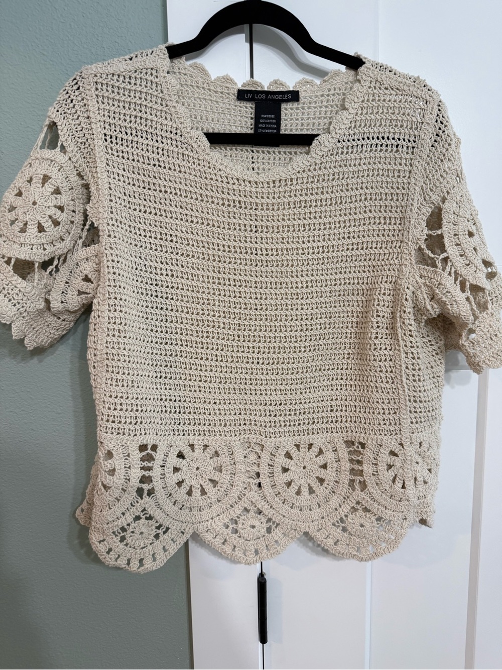 LIV Los Angeles Beige Crochet Scallop-Edge Top